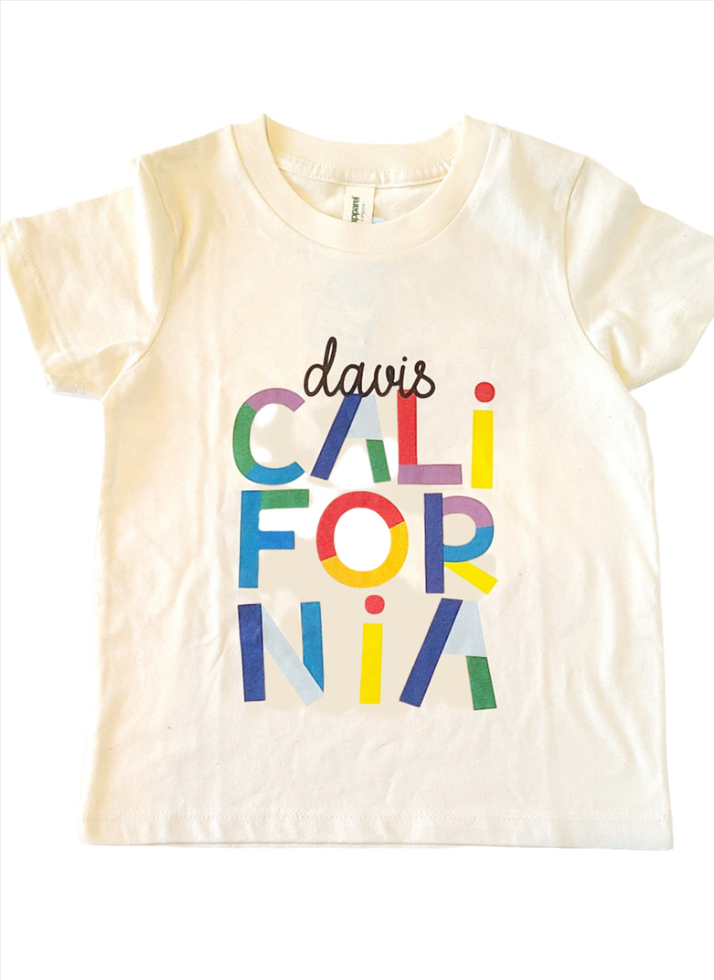 Kids organic cotton Davis CA color block letters tee, front view