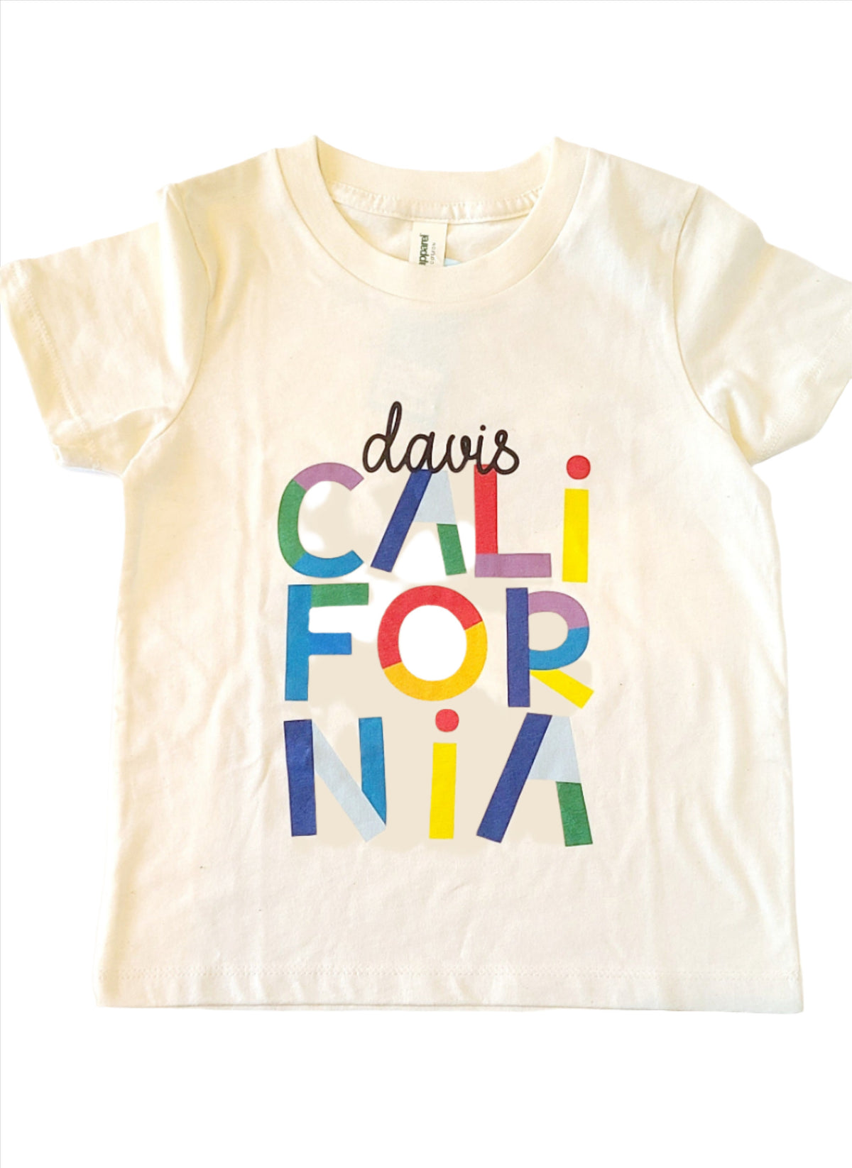 Kids organic cotton Davis CA color block letters tee, front view