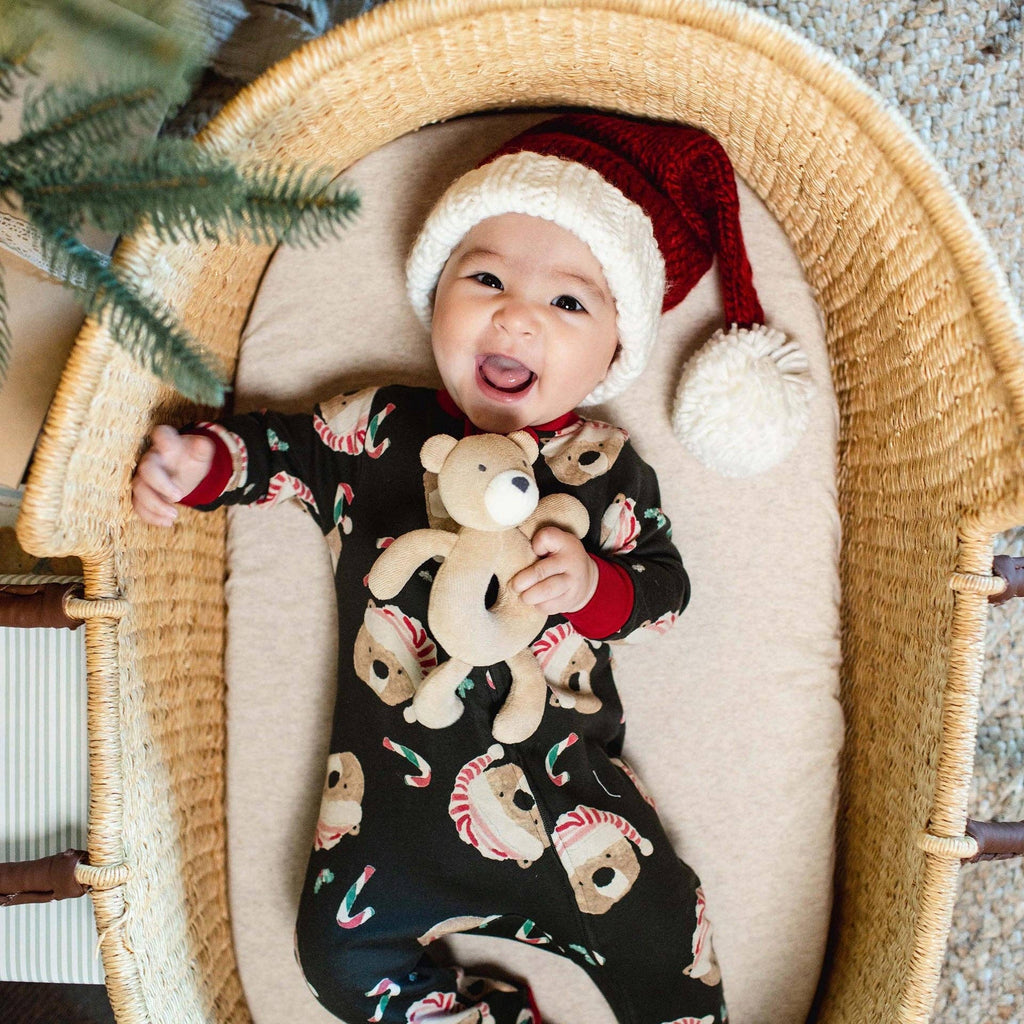 Baby in the Candy Cane Bears footie and Santa hat