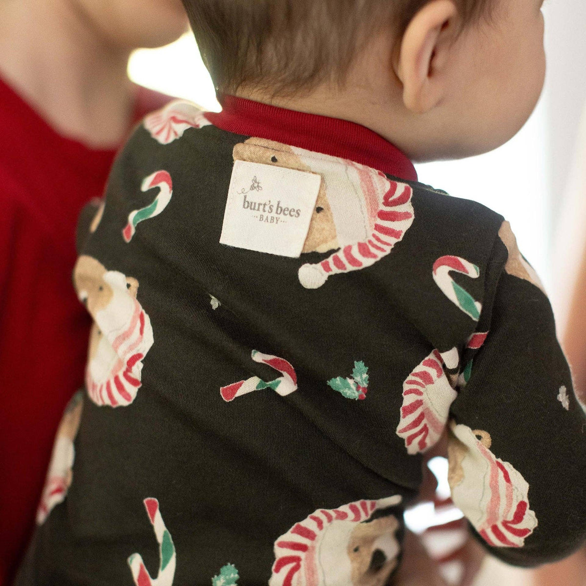 Burt's Bees Baby Candy Cane Bears organic cotton zip footie, close-up of the neckline