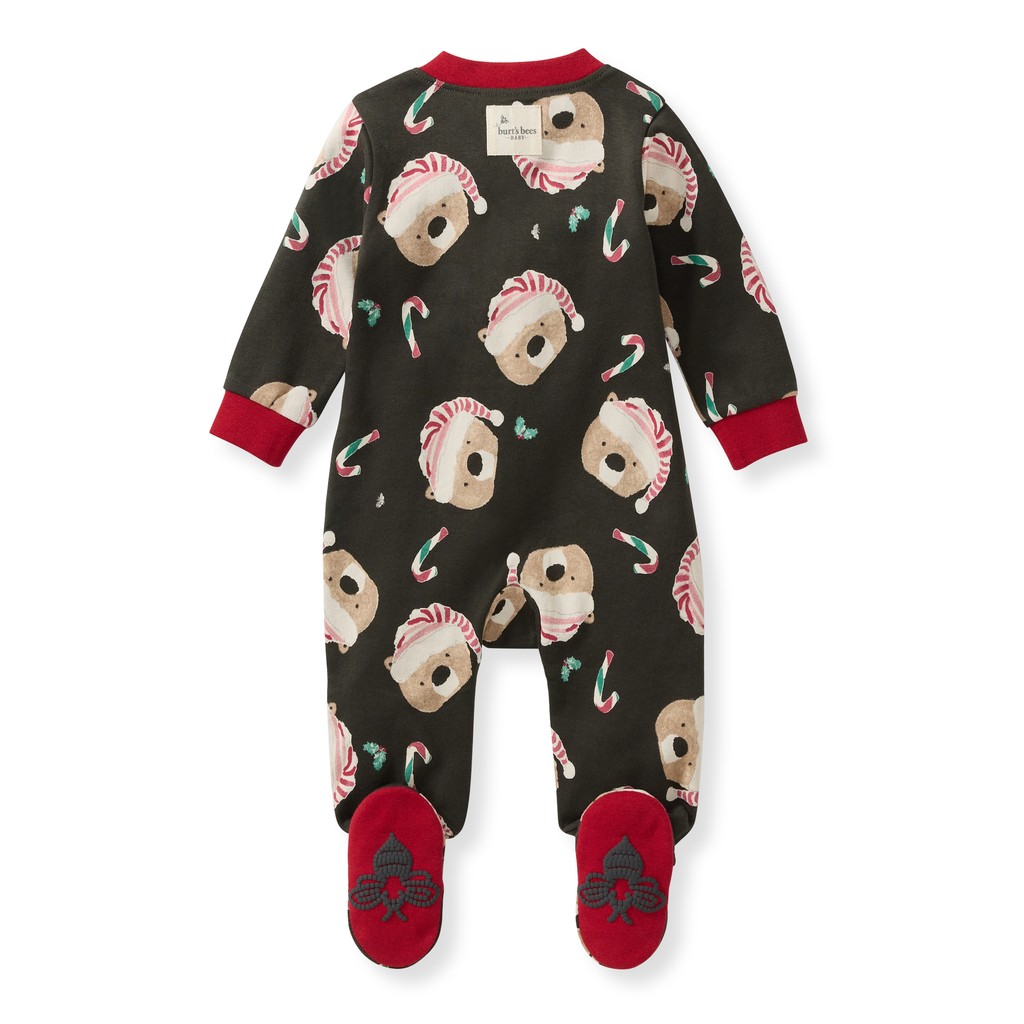 Burt's Bees Baby Candy Cane Bears organic cotton zip footie, back view