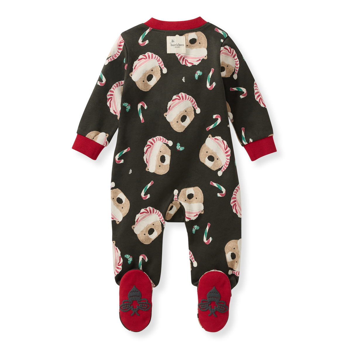 Burt's Bees Baby Candy Cane Bears organic cotton zip footie, back view
