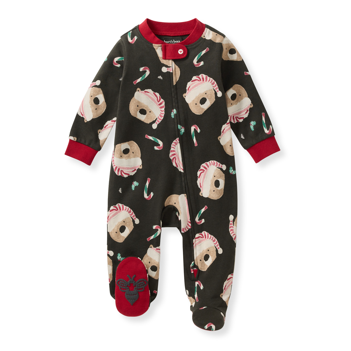 Burt's Bees Baby Candy Cane Bears organic cotton zip footie, front view