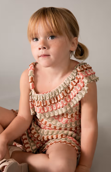 3225 Mini Girls Knit 2PC Assymeric Shoulder Crochet Knit Short Set - Tangerine
