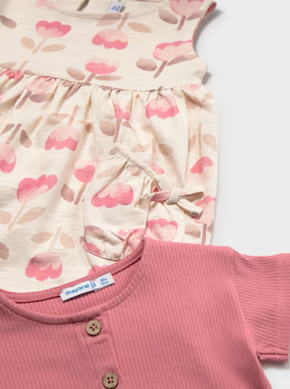 1922 Toddler Girls Eco Cotton Tulip Print Dress w/ Ribbed T-Shirt (S/S Cardigan) - Blush