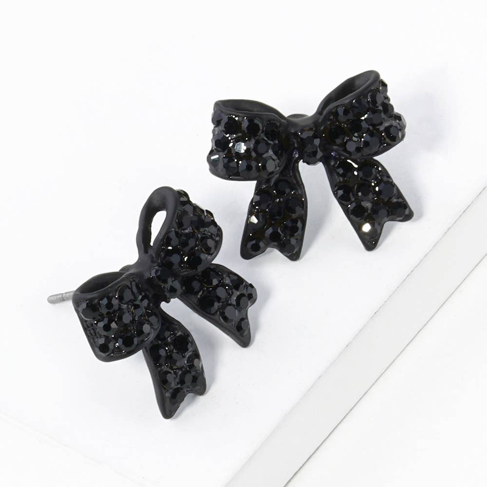 Pave crystal bow stud earrings, jet black