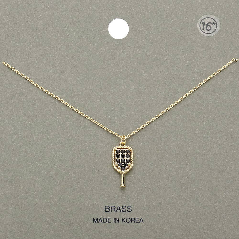 Gold and black pave crystal pickleball pendant necklace, on the card
