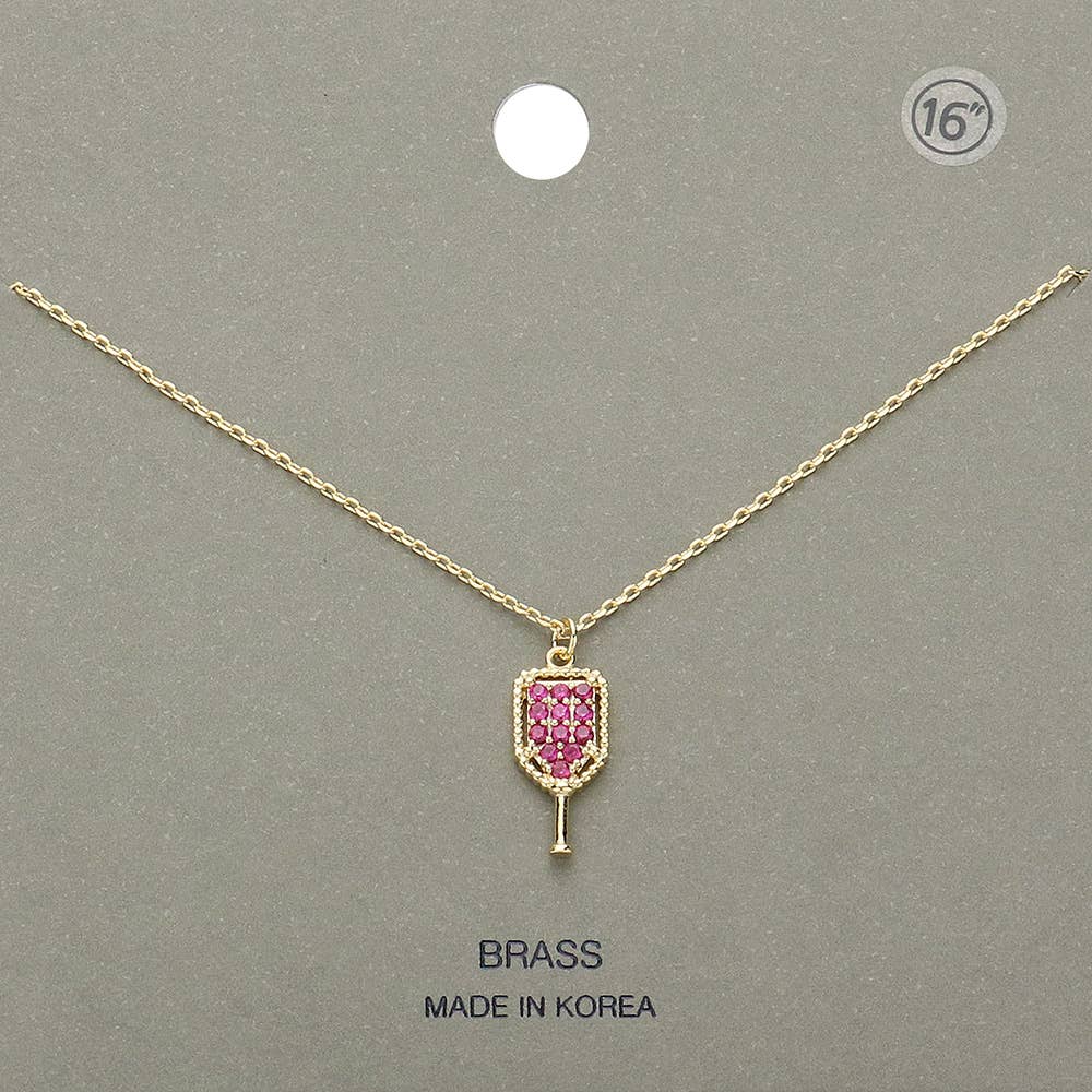 Gold and fuchsia pave crystal pickleball pendant necklace, on the card