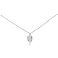 Pave crystal pickleball paddle pendant necklace, silver tone with clear stones, on white background