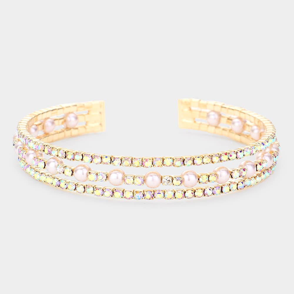 Pearl accented split rhinestone cuff bracelet, gold AB, front view
