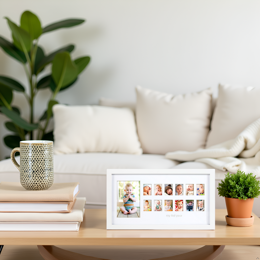 Photo Moments first year milestone picture frame, on shelf