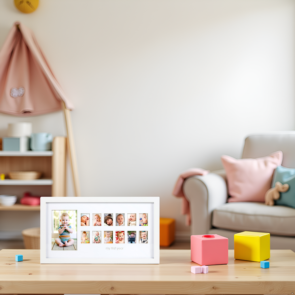 Photo Moments first year milestone picture frame, in nursery