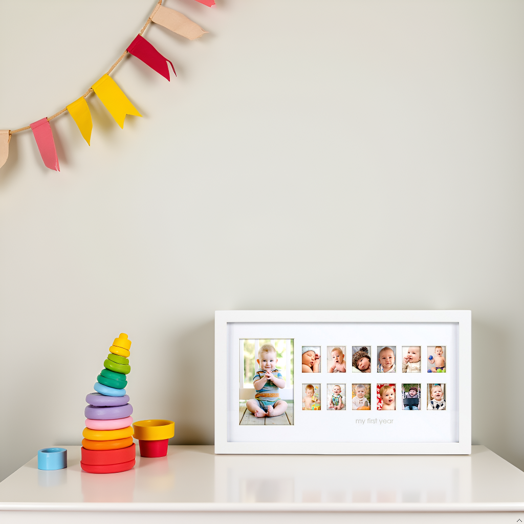 Photo Moments first year milestone picture frame, in playroom