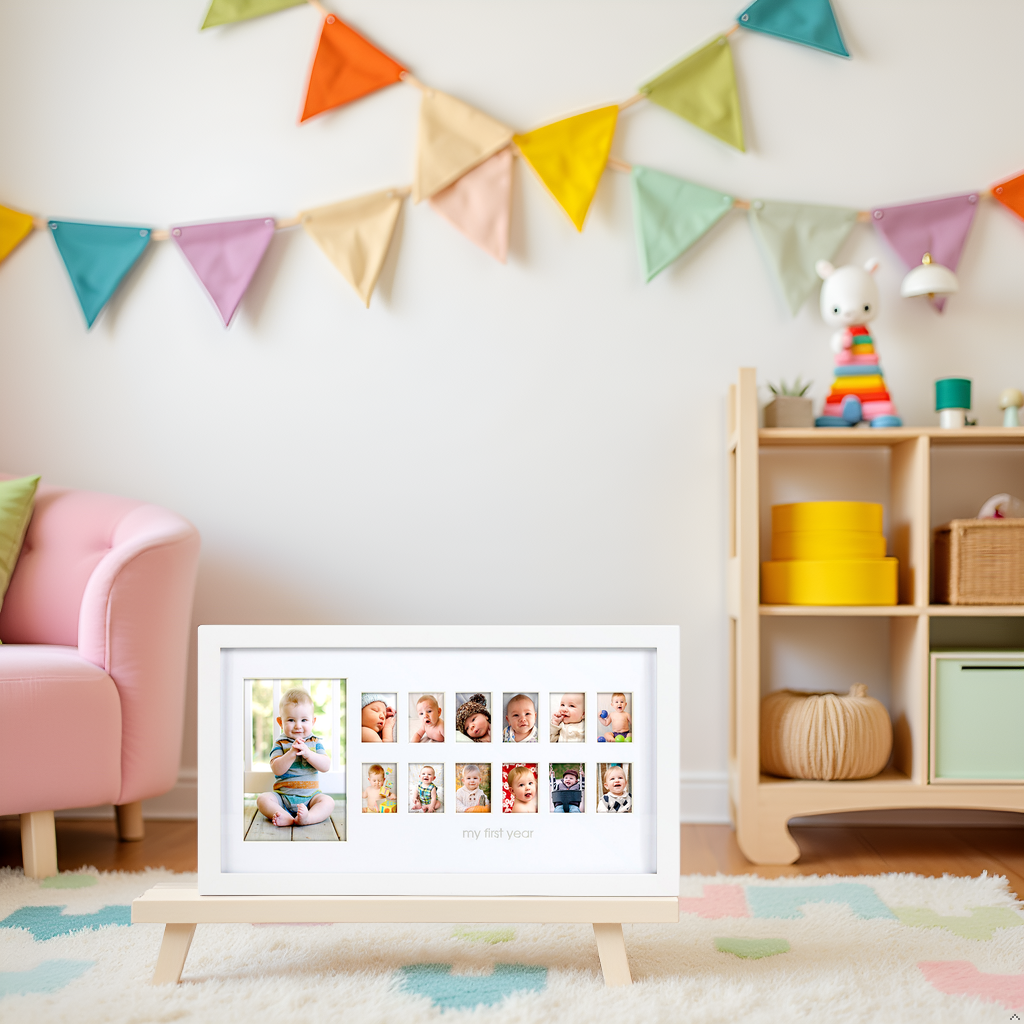Photo Moments first year milestone picture frame, on dresser