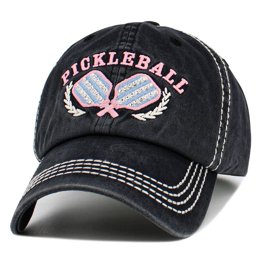 Black vintage pickleball embroidered baseball cap, angled view