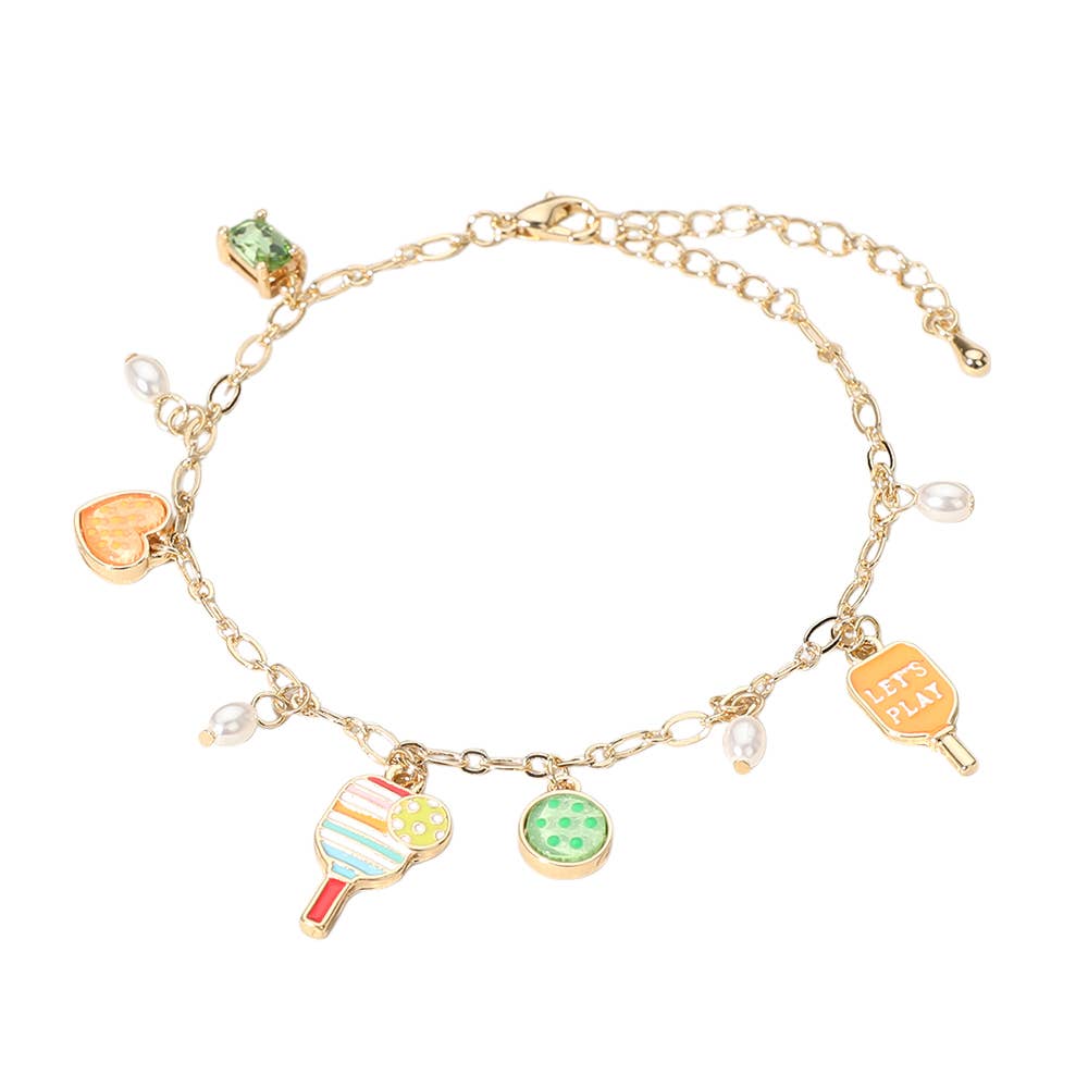 Gold colorful pickleball Let's Play charm bracelet, laid flat
