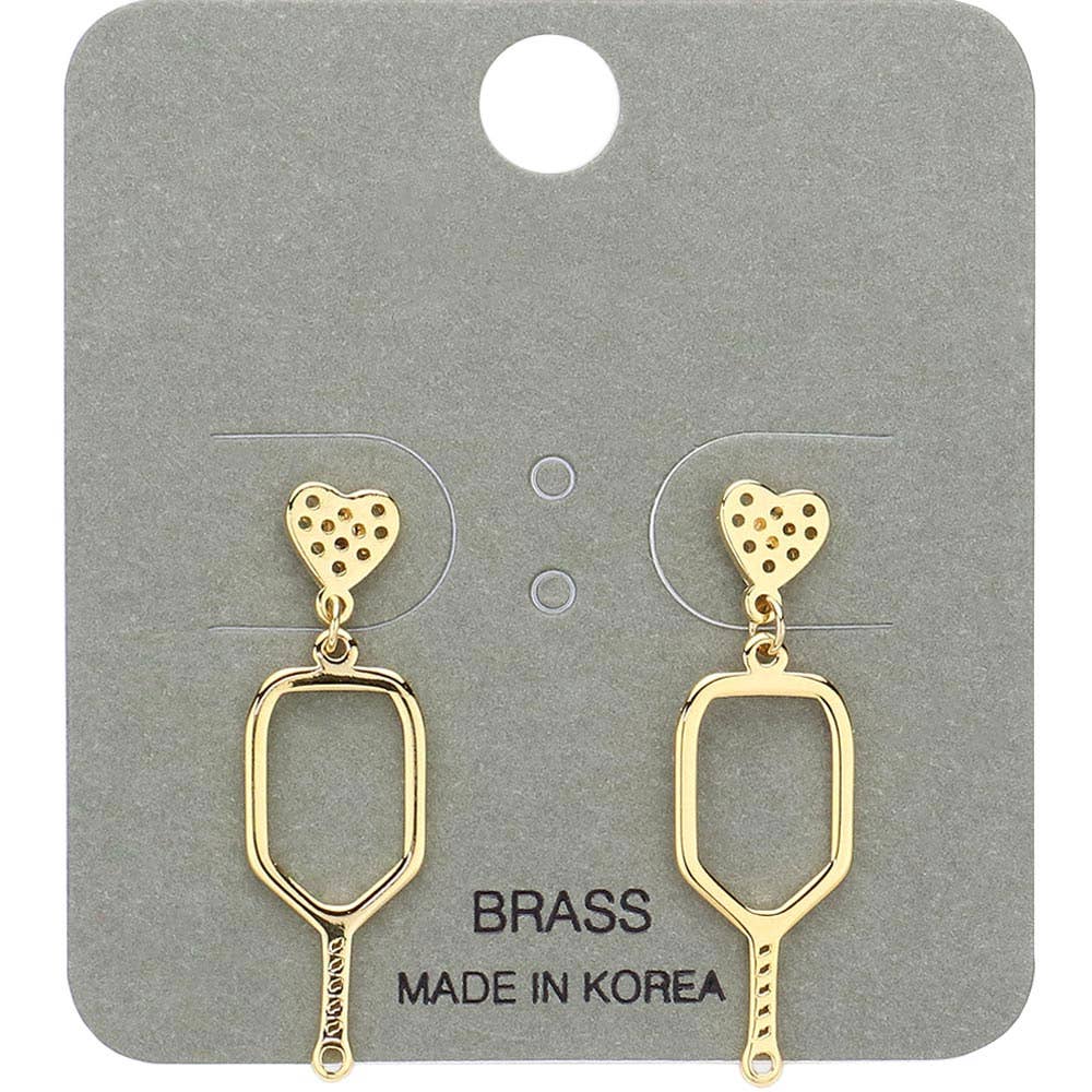 Gold pickleball paddle heart dangle earrings, on the display card