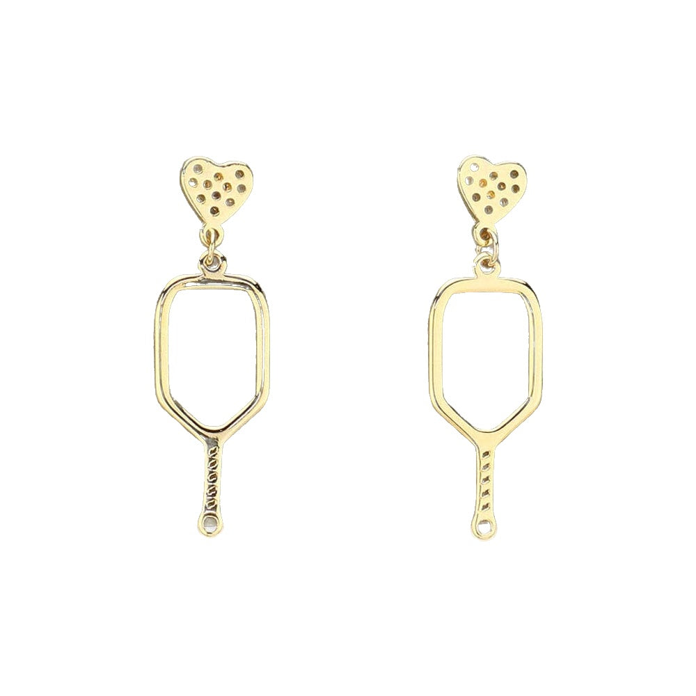 Pickleball paddle dangle earrings with perforated heart studs, gold tone, on white background