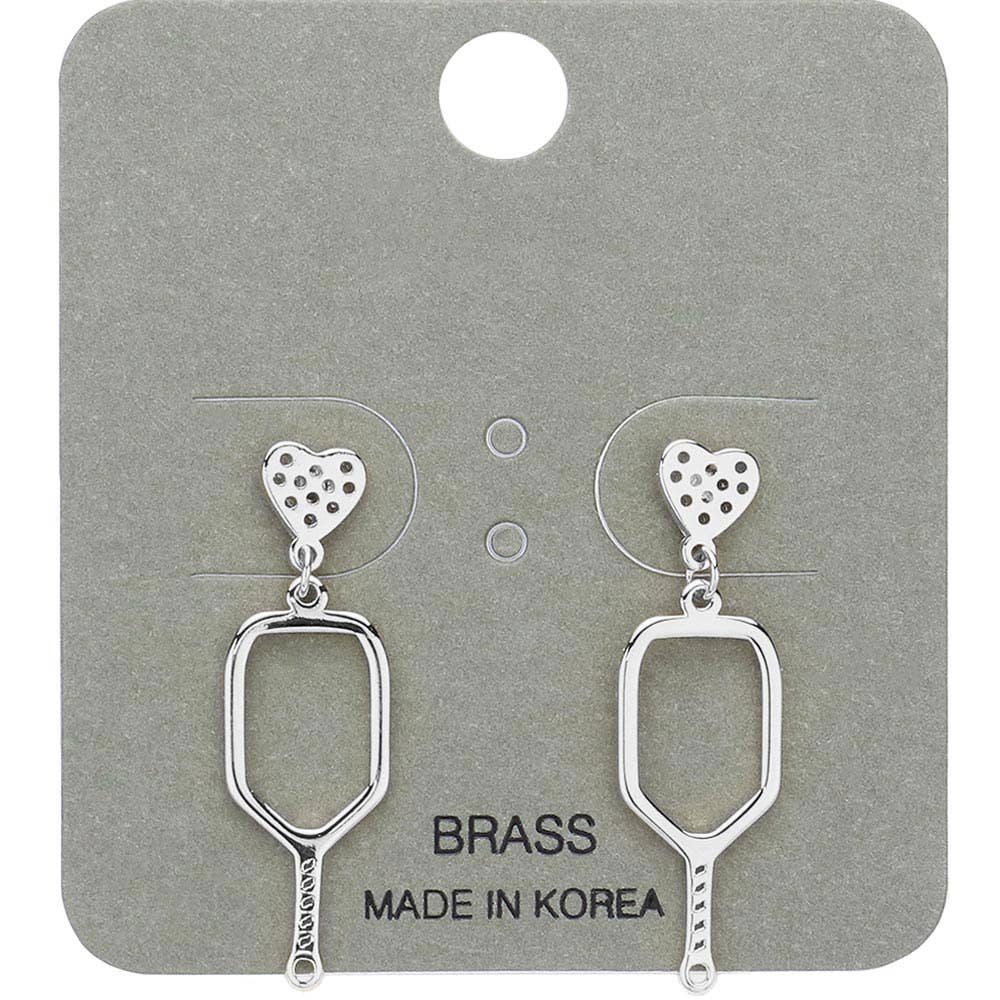 Silver pickleball paddle heart dangle earrings, on the display card