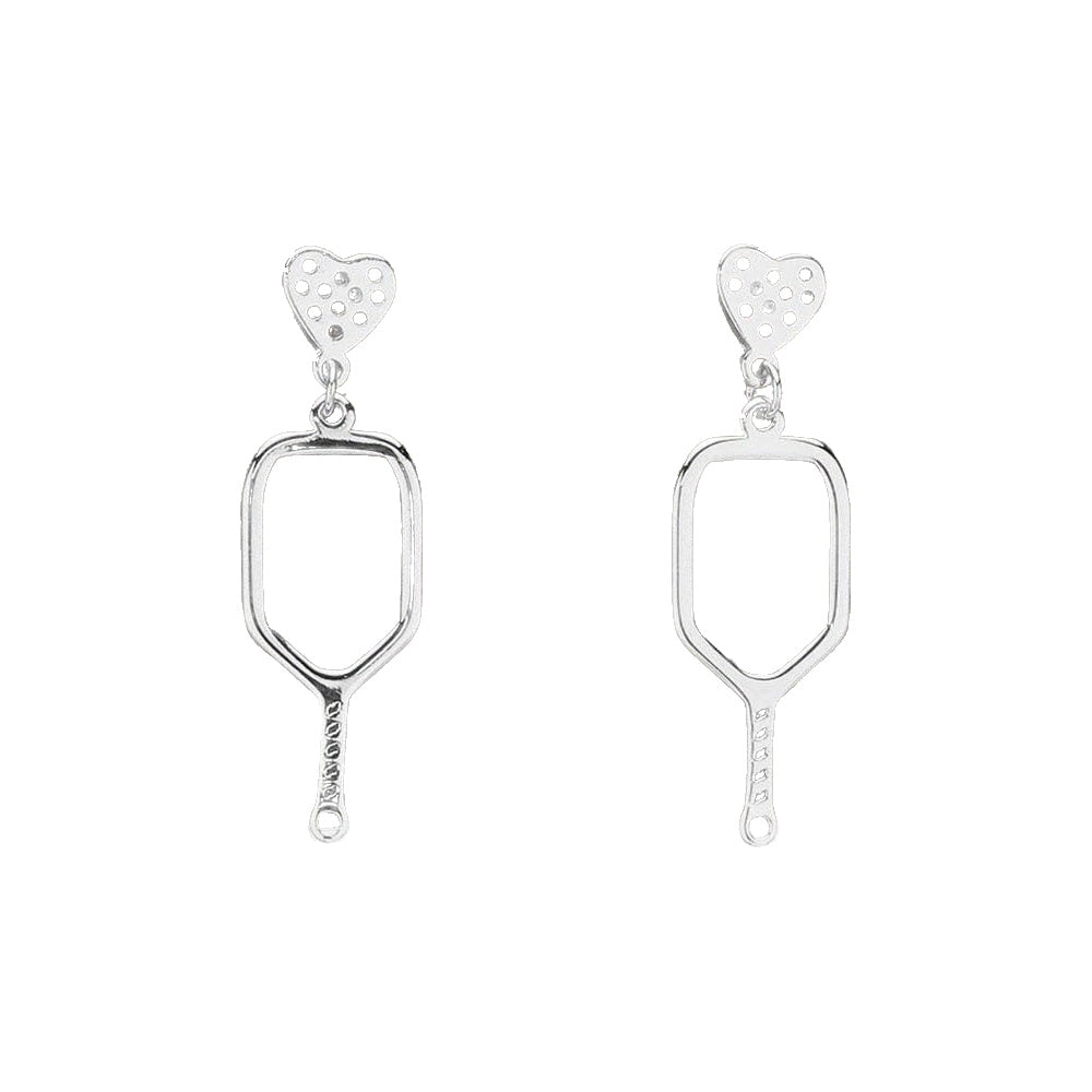 Pickleball paddle dangle earrings with perforated heart studs, silver tone, on white background