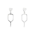 Pickleball paddle dangle earrings with perforated heart studs, silver tone, on white background