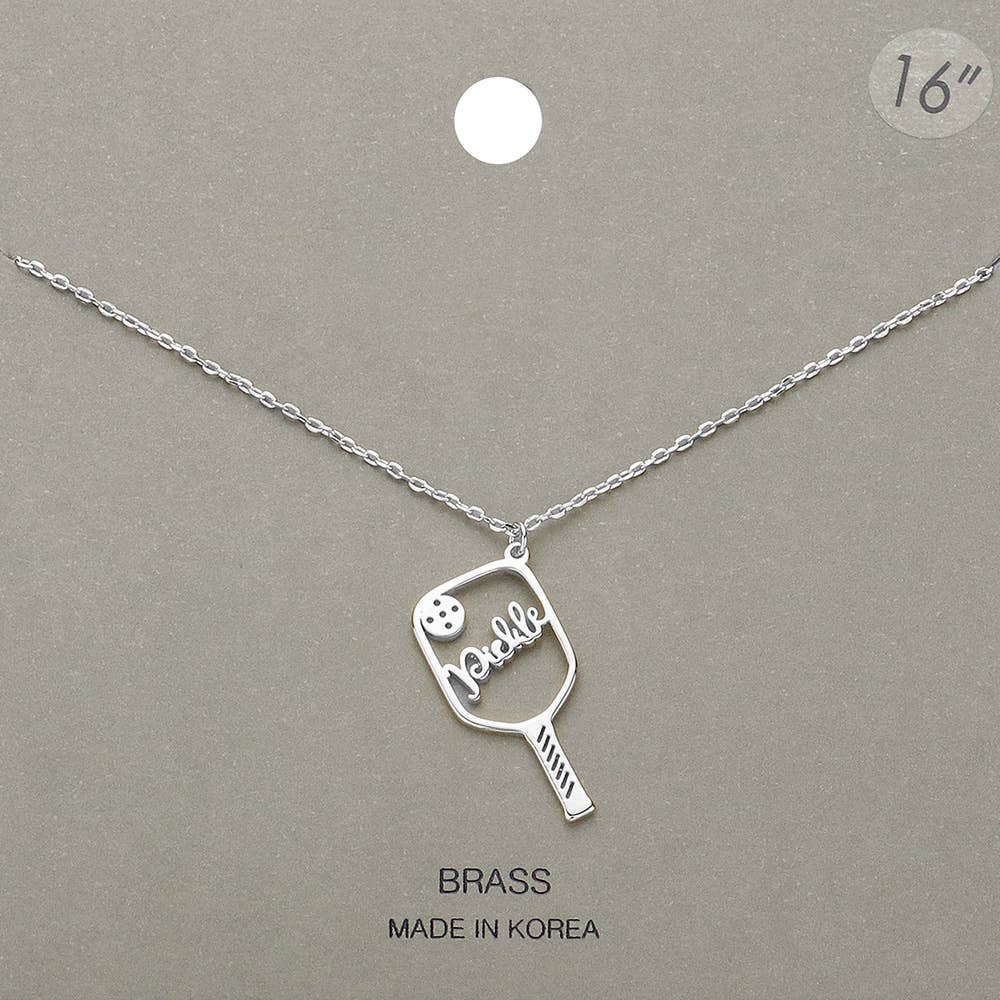 Silver rhodium pickleball paddle pendant necklace, on the card