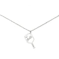 Pickleball paddle pendant necklace with pickle script, silver rhodium, on white background