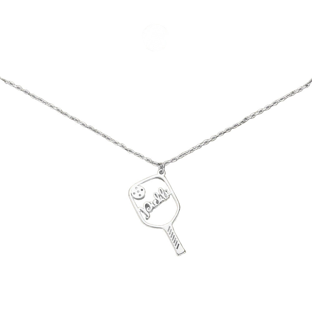 Pickleball paddle pendant necklace with pickle script, silver rhodium, on white background
