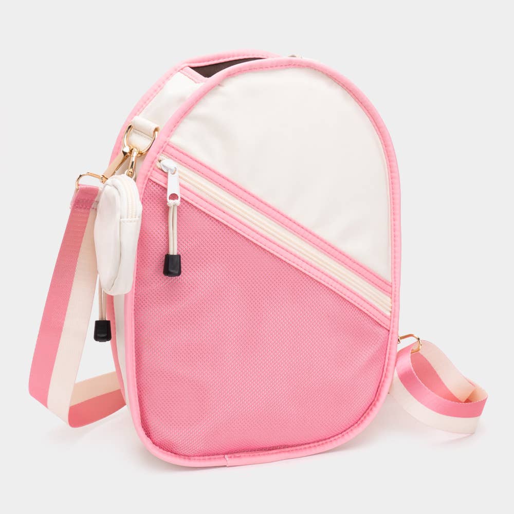 Ivory and pink pickleball sling crossbody bag, front view