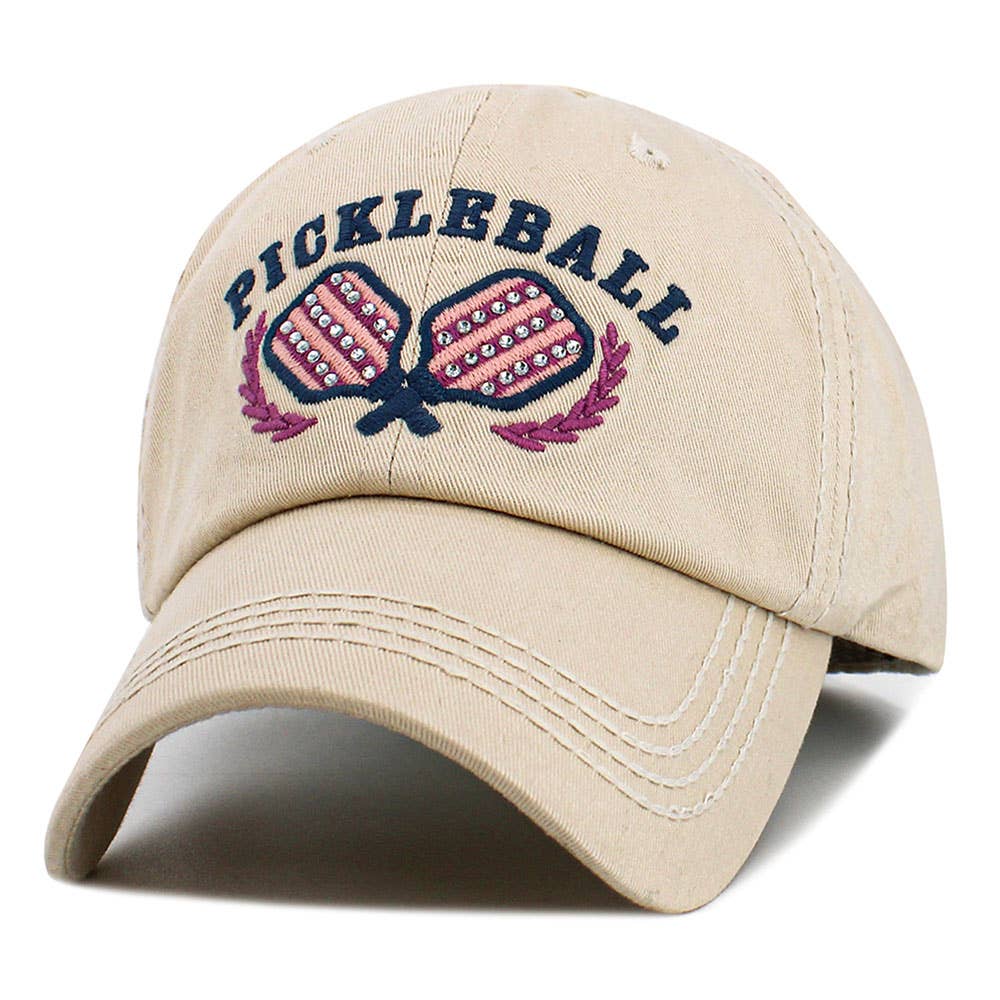 Beige vintage pickleball embroidered baseball cap, angled view