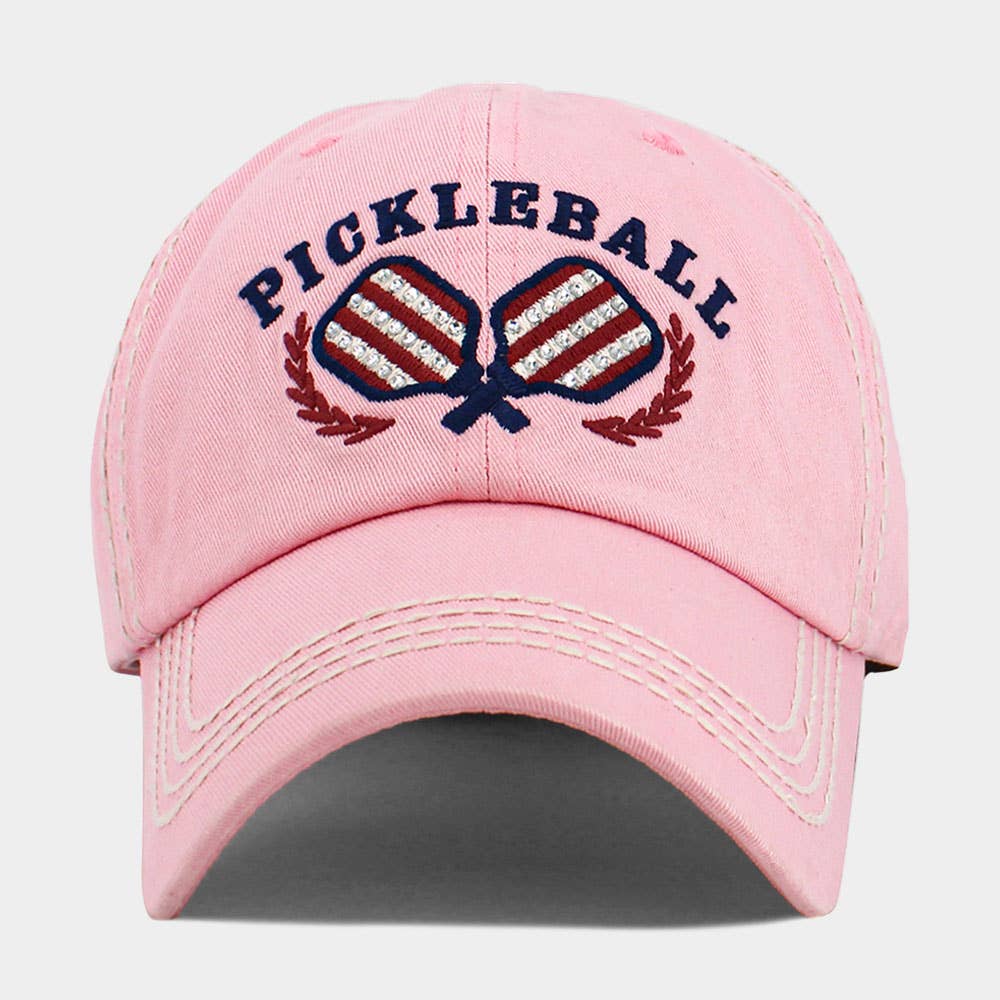 Pink vintage pickleball embroidered baseball cap, angled view