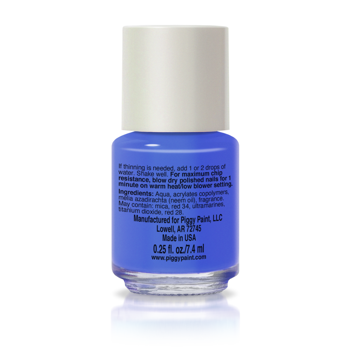 Piggy Paint Bossy Blueberry scented kids nail polish in cobalt blue, bottle on a black background