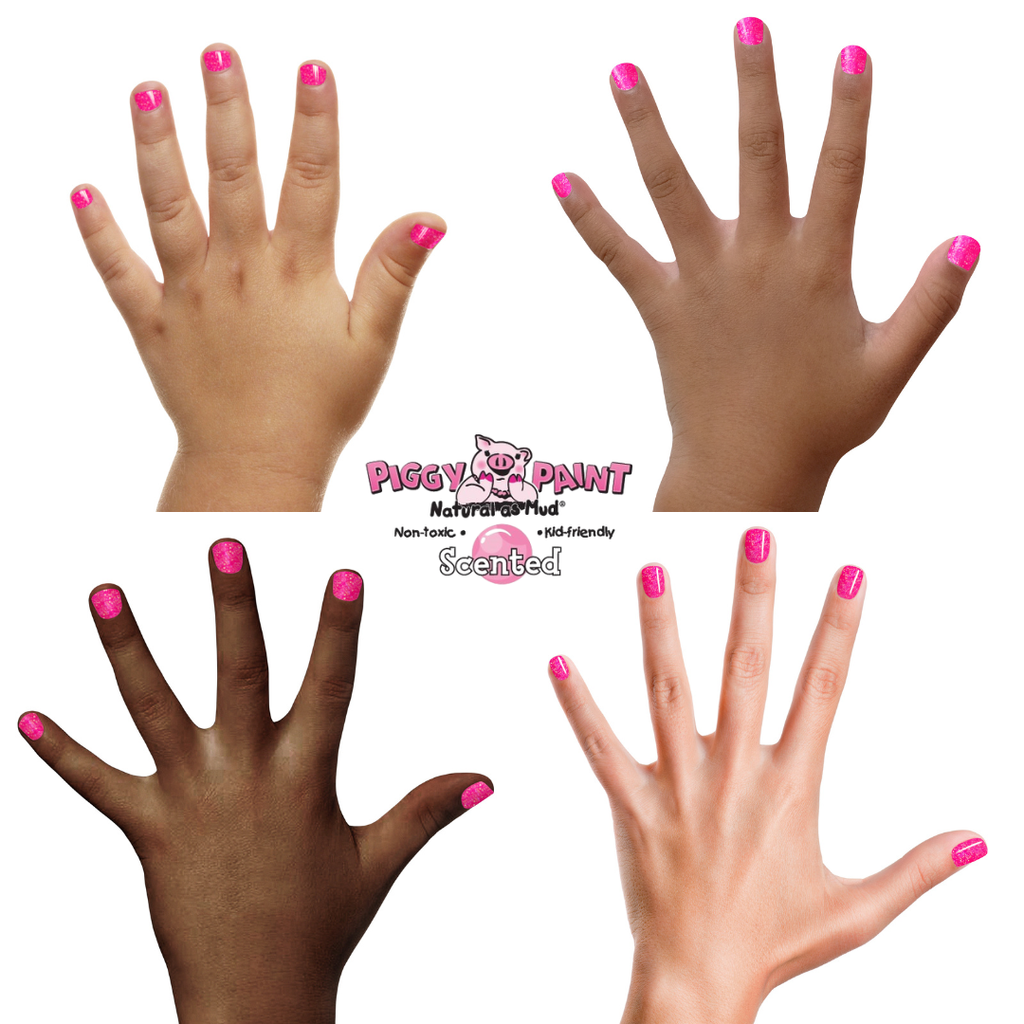 Hands with different skin tones wearing Piggy Paint nail polish