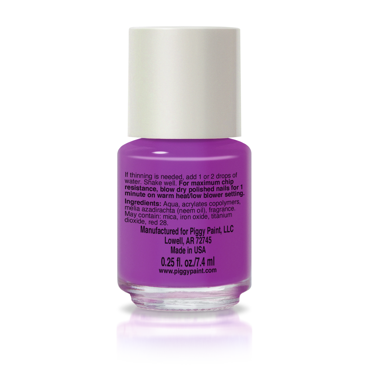 Piggy Paint Funky Fruit scented kids nail polish in purple, bottle on a black background