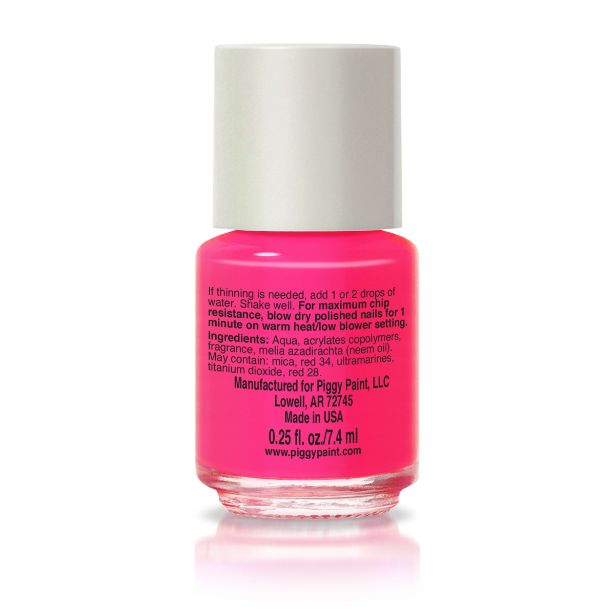 Piggy Paint Rad Raspberry scented kids nail polish in raspberry pink, bottle on a black background