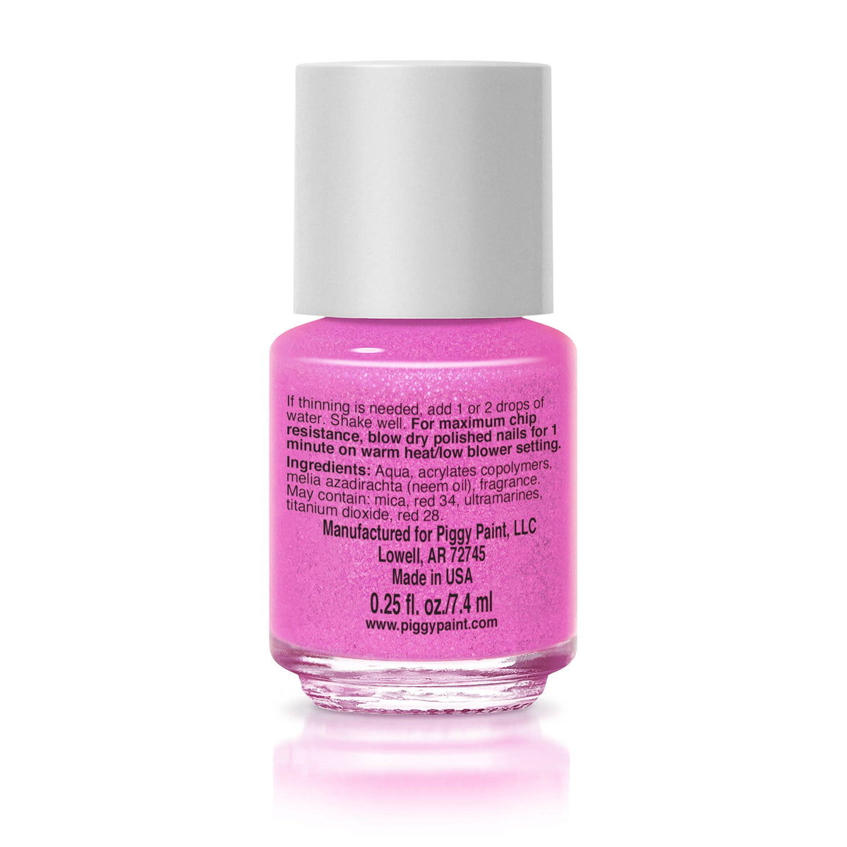 Back of the Piggy Paint Sassy Strawberry nail polish bottle with directions and 0.25 fl oz label