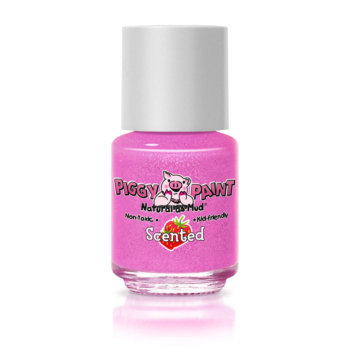 Piggy Paint Sassy Strawberry scented kids nail polish, pink bottle with strawberry label, front