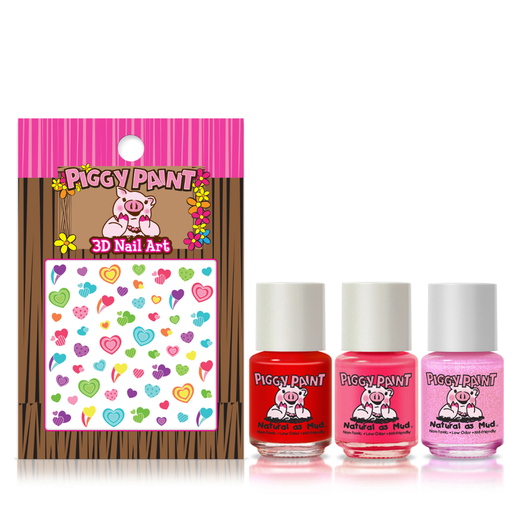 Piggy Paint All the Heart Eyes nail polish gift set, three polishes with the heart nail art sheet