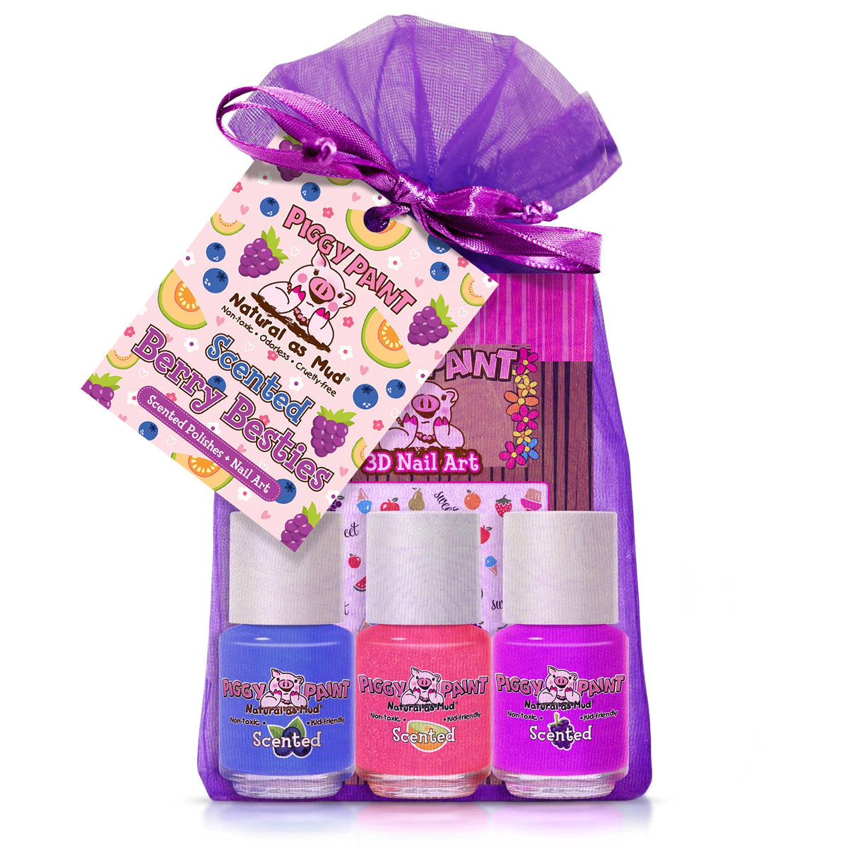 Piggy Paint Berry Bestie scented nail polish gift set, in its organza gift bag