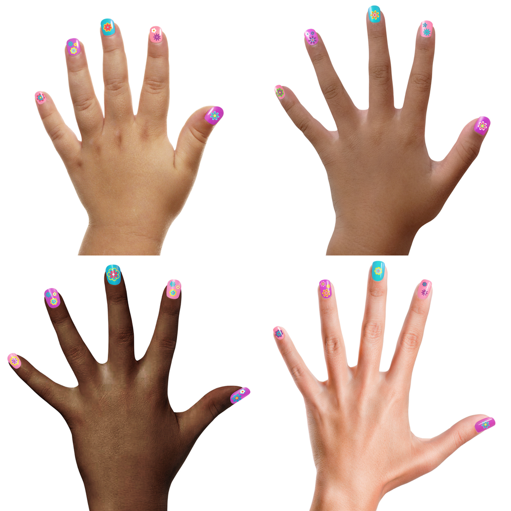 Hands with different skin tones wearing flower press-on nails