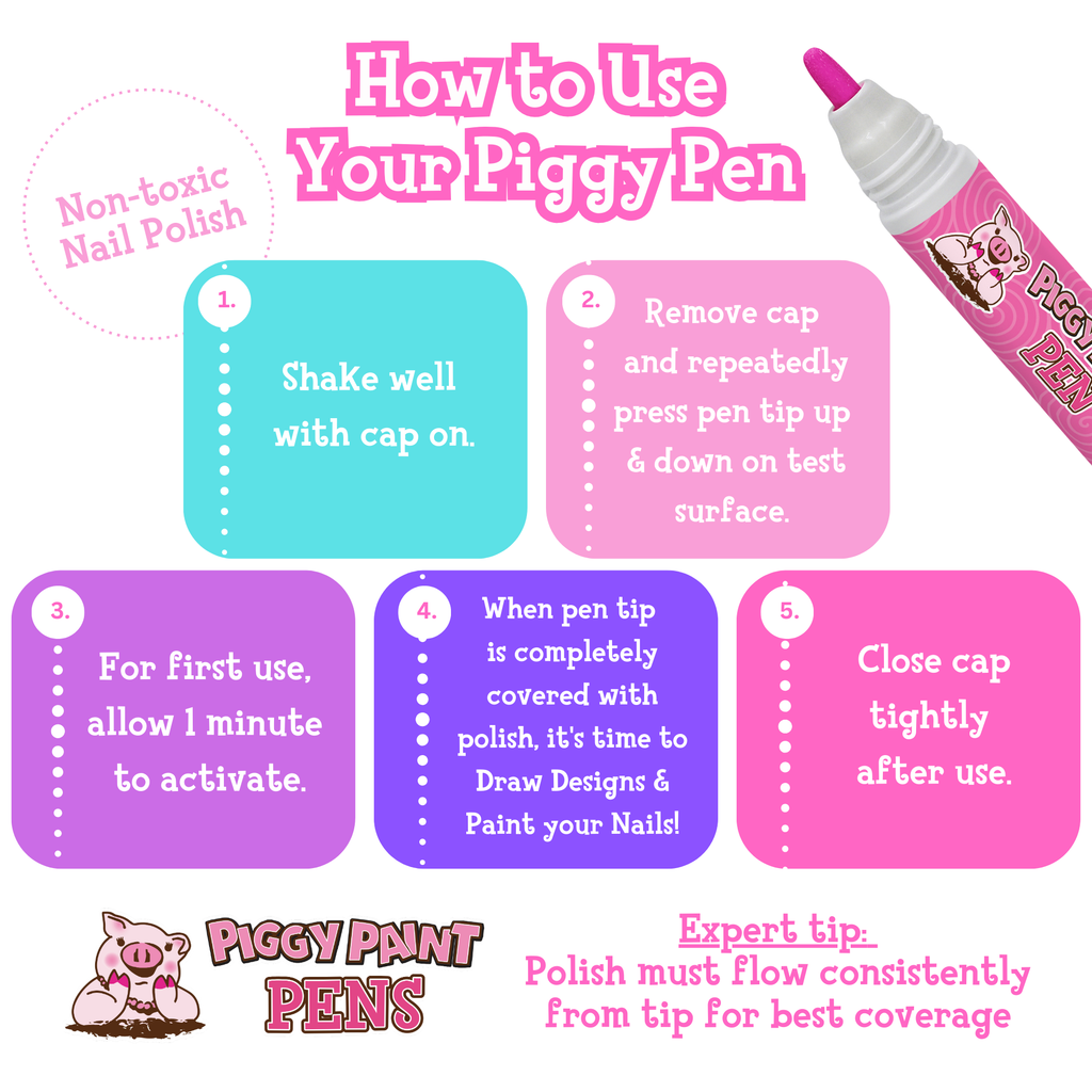Piggy Paint non-toxic nail polish pens, how to use infographic
