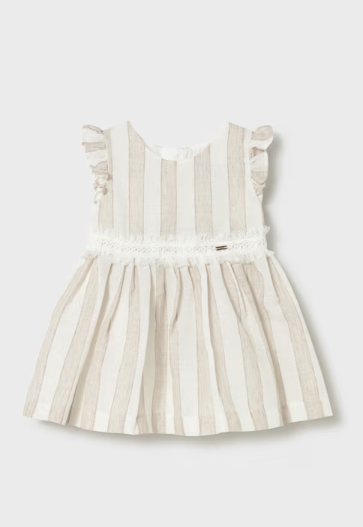 1904 Toddler Girls Cotton Linen Dress w/ Lace Sash - Hazelnut