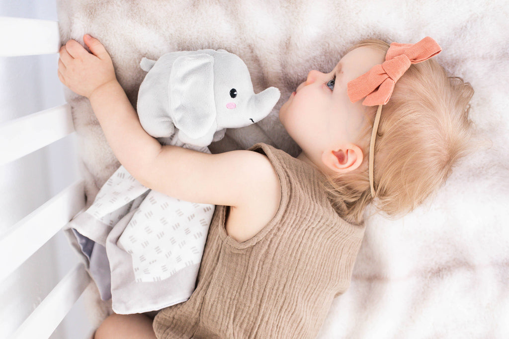 Minky elephant lovey blanket, grey, with baby