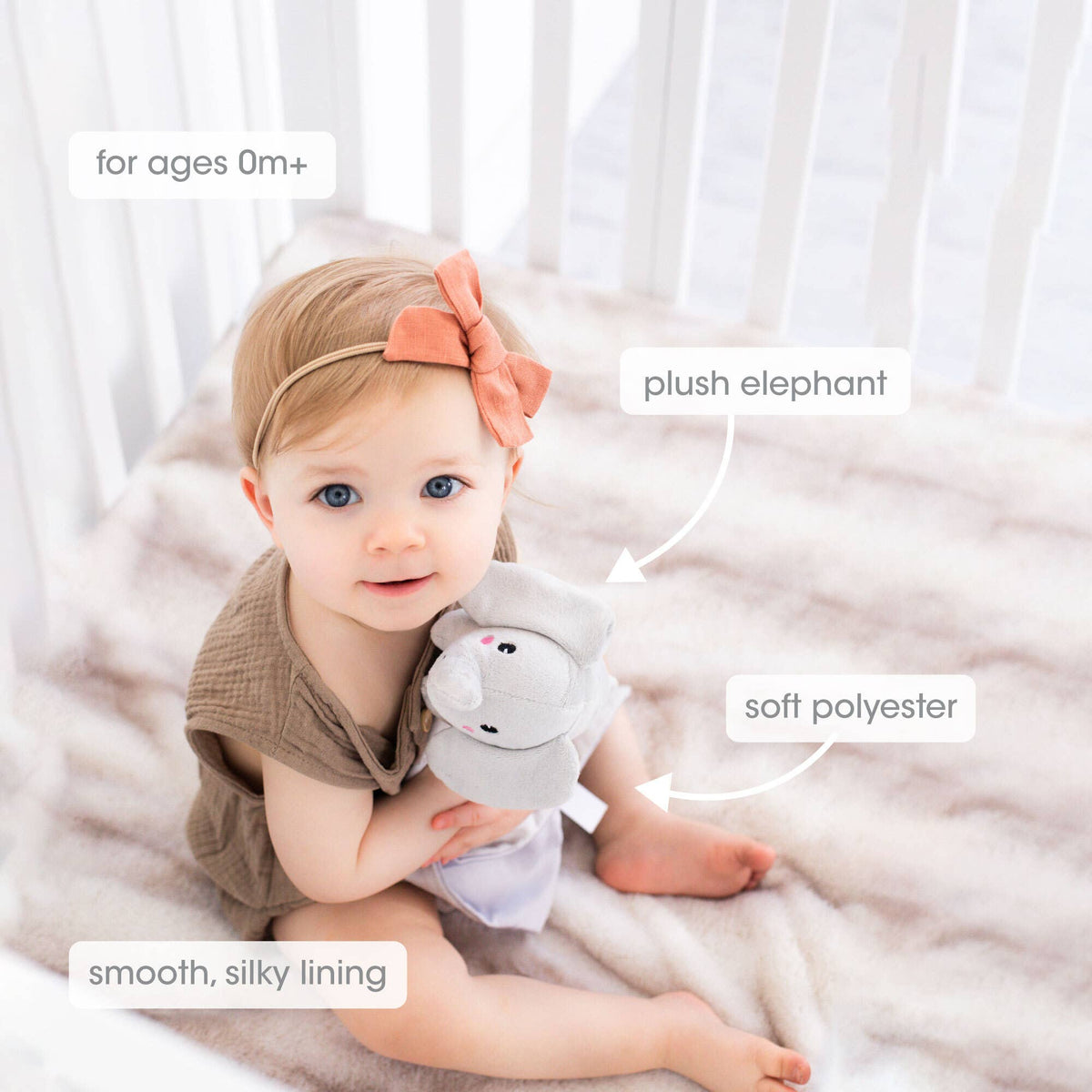 Minky elephant lovey blanket, grey, with baby