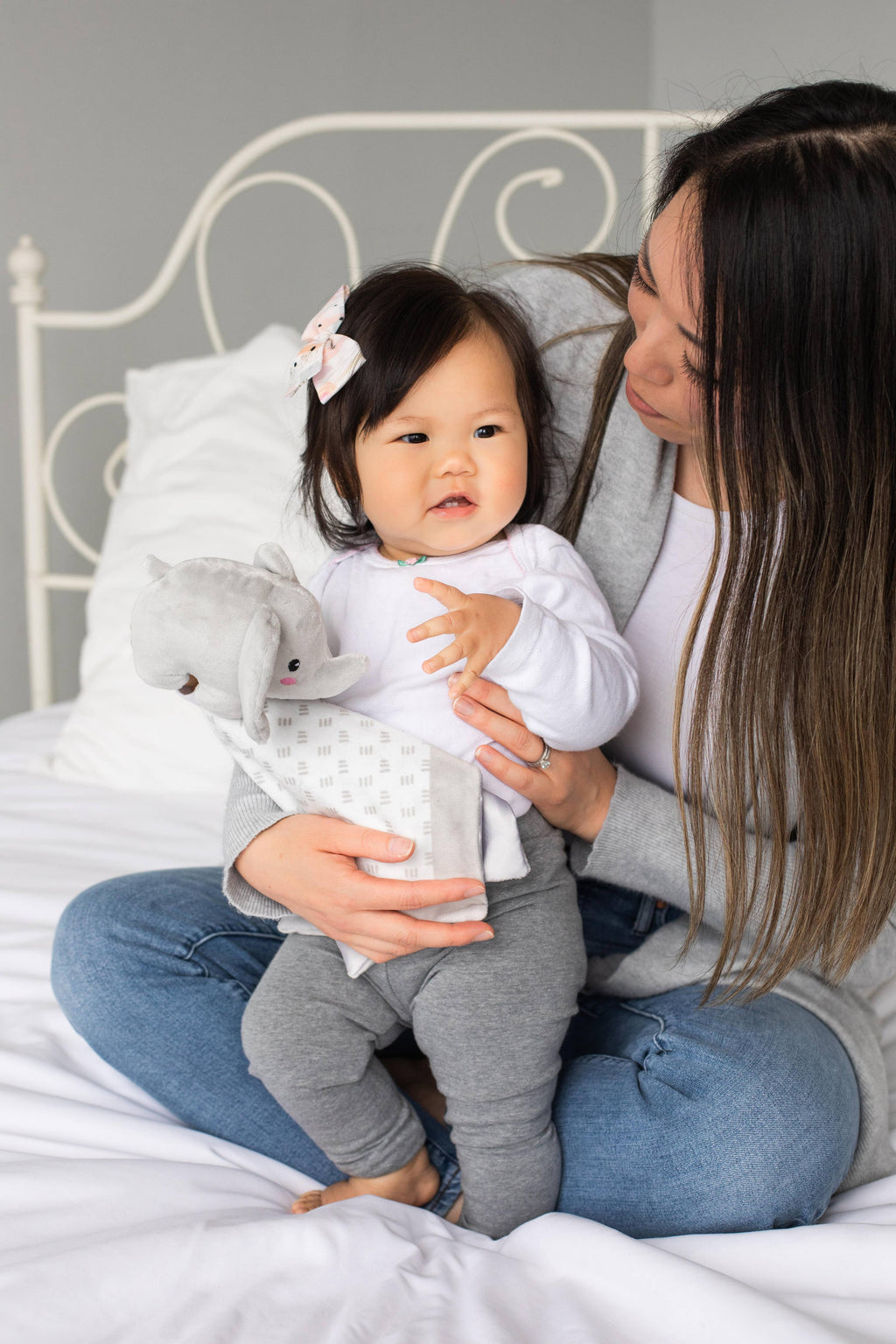 Minky elephant lovey blanket, grey, with mom and baby