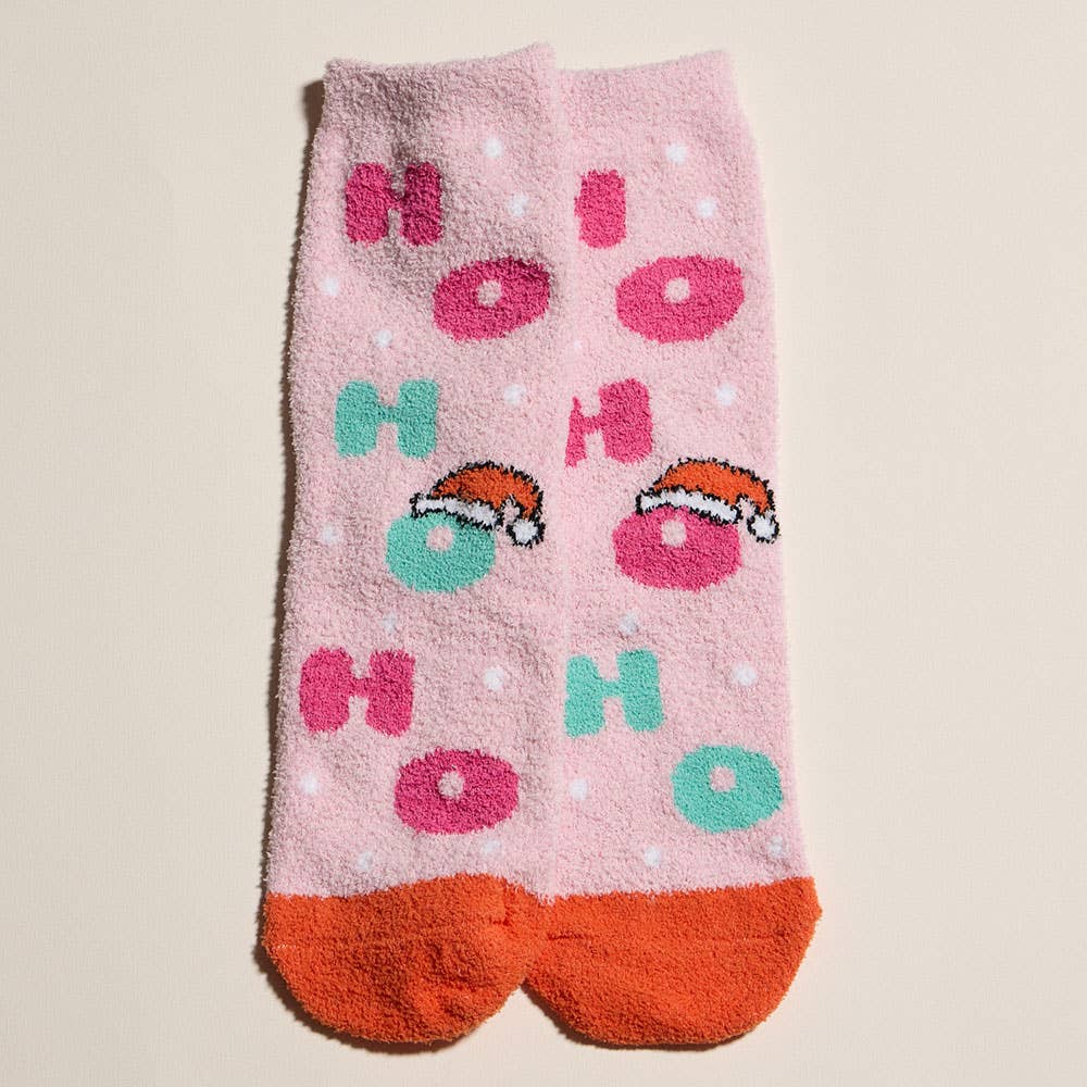 Plush fuzzy socks, HoHoHo Santa hat pink, front view