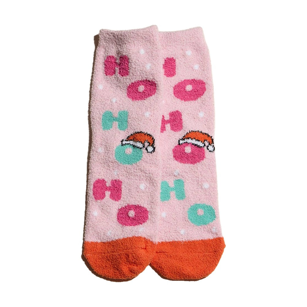 Plush fuzzy socks, HoHoHo Santa hat pink, front view