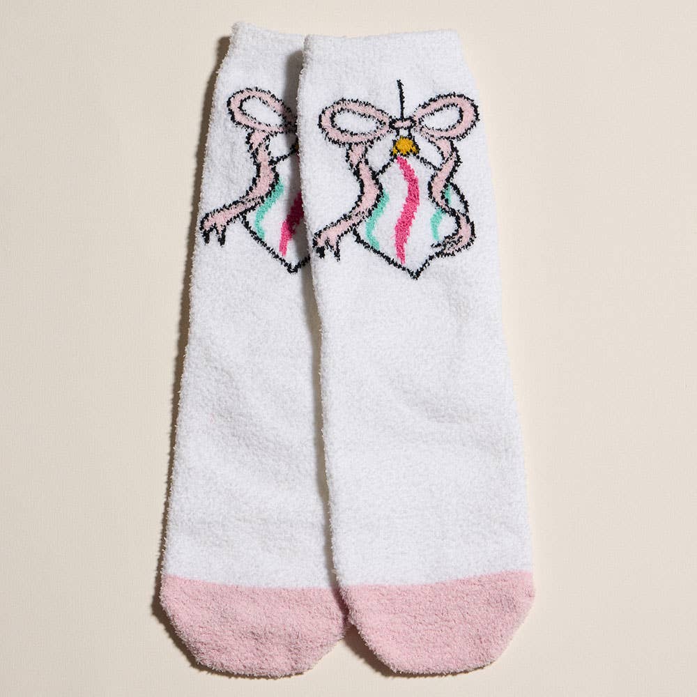 Plush fuzzy socks, holiday ornament white, front view
