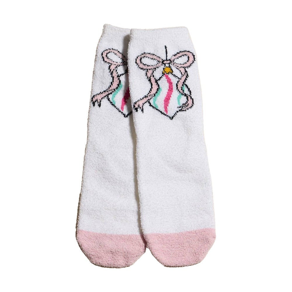 Plush fuzzy socks, holiday ornament white, front view