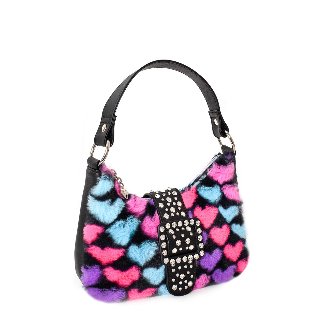 Kids plush heart print mini crescent bag, black, angle view